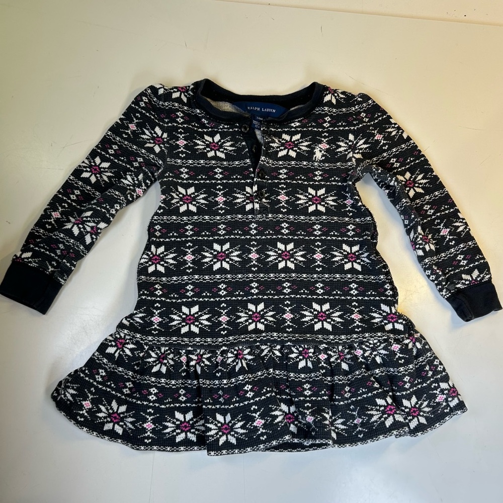 Ralph Lauren baby girl Fair Isle dress, snowflake print, ruffle hem, size 24M